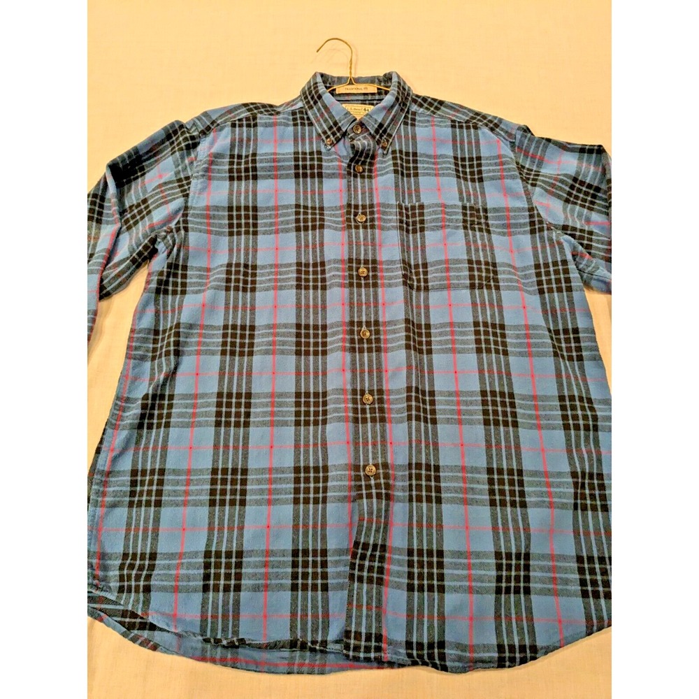 VTG LL Bean Men Traditional Fit Plaid Blue/Red Holiday Flannel Shirt Sz L Cotton - Picture 10 of 16
